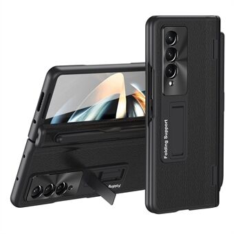 For Samsung Galaxy Z Fold3 5G Hinged Kickstand Case PU Leather + PC Phone Cover with Stylus and Tempered Glass Film