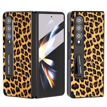 ABEEL For Samsung Galaxy Z Fold3 5G Kickstand Back Cover Leopard Pattern PU Leather+PC Phone Case with Tempered Glass Film