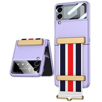 GKK Tempered Glass Camera Protector Hard PC Folding Case Phone Cover with PU Leather Hand Strap for Samsung Galaxy Z Flip3 5G