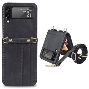 Card Slots Phone Cover for Samsung Galaxy Z Flip3 5G,  One-piece Design PU Leather + TPU Case with Long Lanyard