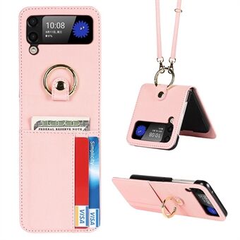 For Samsung Galaxy Z Flip3 5G Lanyard Design Cross Texture Card Holder Leather Phone Case with Ring Kickstand