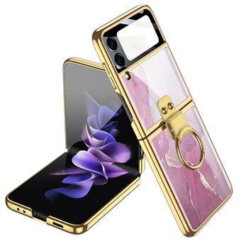 GKK for Samsung Galaxy Z Flip3 5G Phone Cover Ring Kickstand Design Electroplating Color Painting Hinge Phone Case Built-in Tempered Glass Lens Film