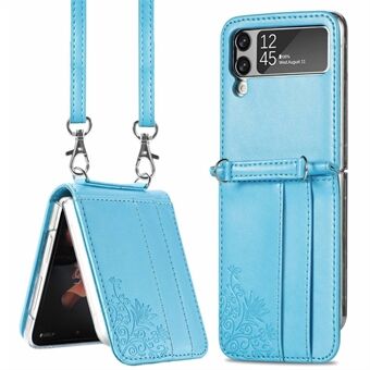 For Samsung Galaxy Z Flip3 5G Flower Imprinted PU Leather + PC Folding Phone Case with Card Slots/Shoulder Strap