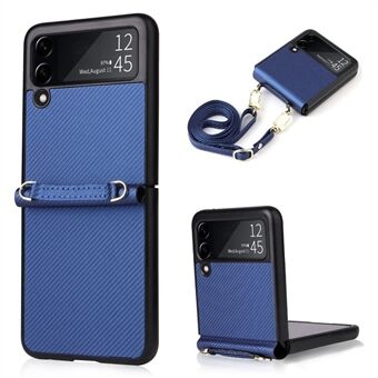 For Samsung Galaxy Z Flip3 5G Carbon Fiber Texture Folding Phone Case Leather Coated PC Cover with Long Lanyard