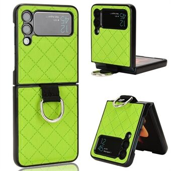 For Samsung Galaxy Z Flip3 5G Finger Ring Holder Design  Rhombus Pattern Imprinted Leather Coated PC Phone Case Shell