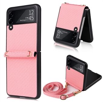 For Samsung Galaxy Z Flip3 5G Woven Texture Leather Coated PC Anti-scratch Phone Case with Adjustable Lanyard