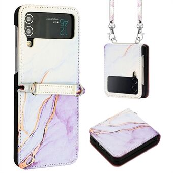 Pattern Printing Leather Series-6 for Samsung Galaxy Z Flip3 5G Marble Pattern PU Leather + PC Phone Cover with Long Strap