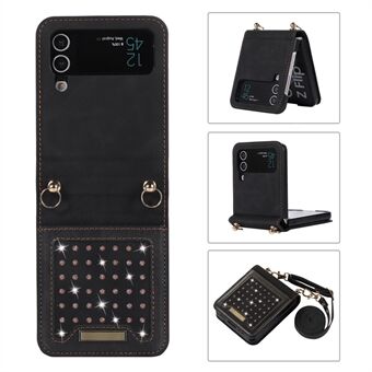 For Samsung Galaxy Z Flip3 5G Rhinestone Decor Leather Coated PC Case RFID Blocking Wallet Phone Cover with Shoulder Strap