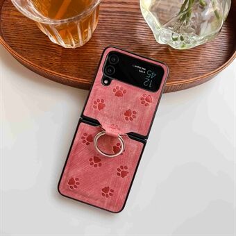 For Samsung Galaxy Z Flip3 5G Imprinting Cat Paw Pattern Folding Phone Case Ring Holder PU Leather Coated PC Cover