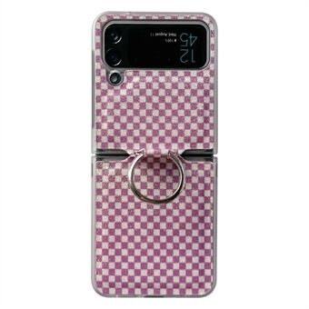 For Samsung Galaxy Z Flip3 5G Glittery Square Grid Phone Case Anti-scratch PU Leather Coated PC Cover with Ring Holder