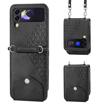 For Samsung Galaxy Z Flip3 5G Imprinted Rhombus Pattern PU Leather Case Card Holder Calf Texture Phone Stand Cover with Shoulder Strap