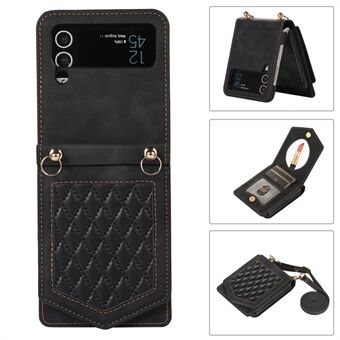 For Samsung Galaxy Z Flip3 5G Makeup Mirror Imprinted PU Leather + PC Phone Case Card Holder RFID Blocking Full Protection Cover with Shoulder Strap