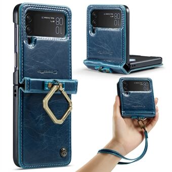 CASEME 003 Series For Samsung Galaxy Z Flip3 5G PU Leather Folding Phone Case Waxy Texture Anti-drop Cover with Ring Holder and Hand Strap