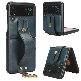 Protective Shell for Samsung Galaxy Z Flip3 5G Leather Coating PC+TPU Wristband Kickstand Phone Cover with Neck Strap