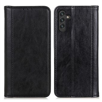 Split Leather Stylish Litchi Texture Wallet Phone Case Stand Auto-absorbed Magnetic Closing Flip Shell for Samsung Galaxy A13 5G / A04s 4G (164.7 x 76.7 x 9.1 mm)