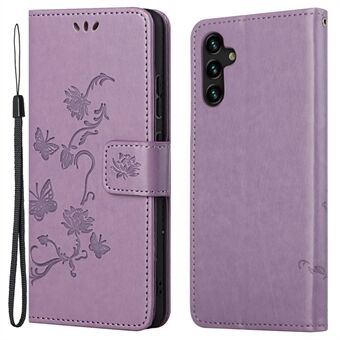 Butterfly Flower Imprinting Leather Phone Wallet Stand Shell with Strap for Samsung Galaxy A13 5G / A04s 4G (164.7 x 76.7 x 9.1 mm)