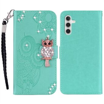 Rhinestone Decor Flip PU Leather Magnetic Clasp Case Wallet Stand Owl Flower Imprinted Shell Cover with Strap for Samsung Galaxy A13 5G / A04s 4G (164.7 x 76.7 x 9.1 mm)