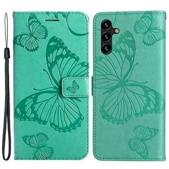 KT Imprinting Flower Series-2 Imprinted Butterfly Pattern PU Leather Case Magnetic Closure Wallet Stand Flip Cover with Strap for Samsung Galaxy A13 5G / A04s 4G (164.7 x 76.7 x 9.1 mm)