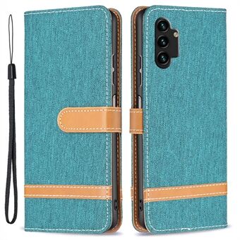 For Samsung Galaxy A13 4G / A13 5G / A04 4G (164.4 x 76.3 x 9.1 mm) Jeans Cloth Texture Soft PU Leather Color Matching Wallet Cover Flip Stand Case with Strap