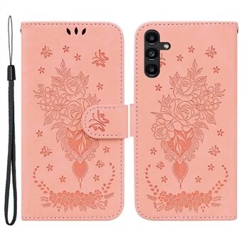 For Samsung Galaxy A13 5G / A04s 4G (164.7 x 76.7 x 9.1 mm) Protective Mobile Phone Cover Imprinting Roses Butterflies Pattern Shockproof Leather Phone Case Wallet Stand with Strap