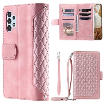 For Samsung Galaxy A13 4G / 5G / A04s 4G (164.7 x 76.7 x 9.1 mm) 005 Style Zipper Pocket Wallet Multiple Card Slots Leather Case Rhombus Texture Phone Cover with Shoulder Strap and Hand Strap