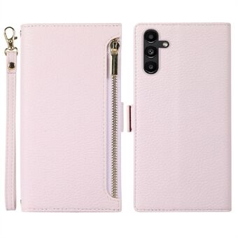 For Samsung Galaxy A13 5G Litchi Texture PU Leather Stand Phone Case Zipper Pocket Wallet Cover with Strap