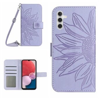 For Samsung Galaxy A13 5G / A04s 4G (164.7 x 76.7 x 9.1 mm) HT04 Skin-touch PU Leather Imprinted Sunflower Stand Wallet Phone Case with Shoulder Strap