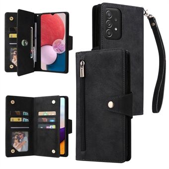 For Samsung Galaxy A13 4G / 5G  /  A04s 4G (164.7 x 76.7 x 9.1 mm)  /  A04 4G (164.4 x 76.3 x 9.1 mm)  /  M13 5G Wallet Zipper Phone Case Rivet Buckle PU Leather Stand Case with Strap