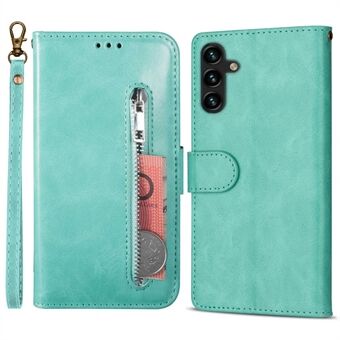 For Samsung Galaxy A13 5G Anti-scratch Cell Phone Cover Calf Texture Full Protection PU Leather Phone Case with Zipper Pocket Wallet Stand