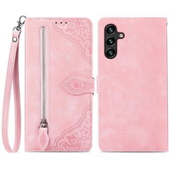 For Samsung Galaxy A04s 4G (164.7 x 76.7 x 9.1 mm) / A13 5G / M13 5G Flower Imprinted Pattern PU Leather Zipper Pocket Cell Phone Cover Stand Wallet Case