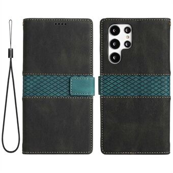 For Samsung Galaxy S22 Ultra 5G PU Leather Grid Splicing Design Phone Case Stand Wallet Protective Cover with Strap