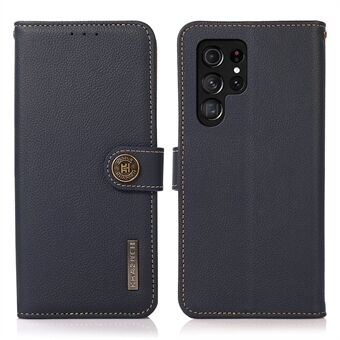 KHAZNEH Impact-proof Textured Genuine Leather Phone Case with Anti-theft Swiping Design for Samsung Galaxy S22 Ultra 5G