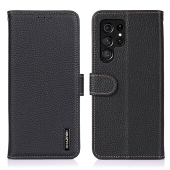 KHAZNEH All Inclusive Litchi Texture Top Layer Genuine Leather Wallet Phone Case Magnetic Closure Cover for Samsung Galaxy S22 Ultra 5G