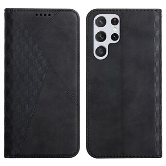 Rhombus Pattern Skin-touch Anti-scratch Auto-absorbed Magnetic Closing Leather Phone Stand Cover Wallet Case for Samsung Galaxy S22 Ultra 5G - Black