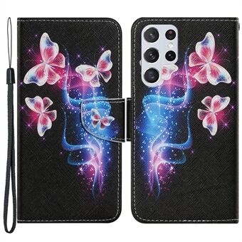 Full Protection Pattern Printing Leather Stand Wallet Case Phone Cover Protector with Wrist Strap for Samsung Galaxy S22 Ultra 5G