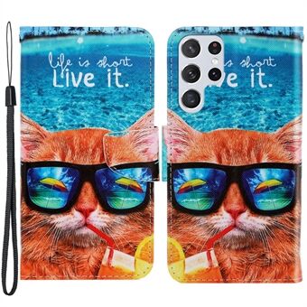 Pattern Printing Cross Texture Phone Case Stand Wallet Leather Cover with Lanyard for Samsung Galaxy S22 Ultra 5G