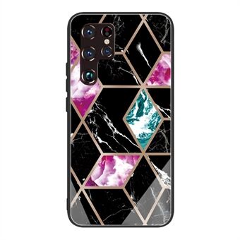 Marble Pattern Smooth Touch Stylish Tempered Glass + TPU Phone Back Cover Case for Samsung Galaxy S22 Ultra 5G