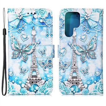 Shock Absorption Full Protection Pattern Printing Leather Case with Wallet Stand for Samsung Galaxy S22 Ultra 5G - Eiffel Tower and Butterfly