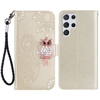 Owl Flower Pattern Imprinted Leather Wallet Case Stand Flip Rhinestone Decor Phone Cover with Strap for Samsung Galaxy S22 Ultra 5G