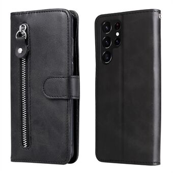 PU Leather Flip Case Zipper Pocket Design Wallet Stand Anti-Drop Case for Samsung Galaxy S22 Ultra 5G