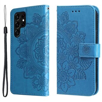 Dual-sided Clasp Phone Case Imprint Flower Pattern PU Leather Stand Wallet Flip Shell with Lanyard for Samsung Galaxy S22 Ultra 5G