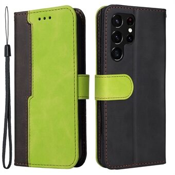 Business Style Splicing Dual-color Full Protection Wallet Design Phone Case with Stand for Samsung Galaxy S22 Ultra 5G - Green