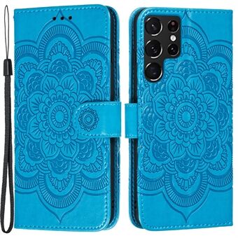 Imprinting Mandala Flower Horizontal Flip PU Leather Case Stand Wallet Phone Cover with Strap for Samsung Galaxy S22 Ultra 5G