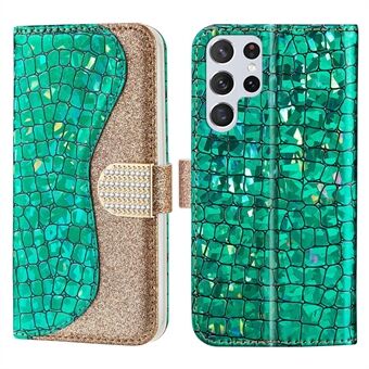 Fashionable Splicing Crocodile Texture Glittery Powder TPU+PU Leather Wallet Case for Samsung Galaxy S22 Ultra 5G