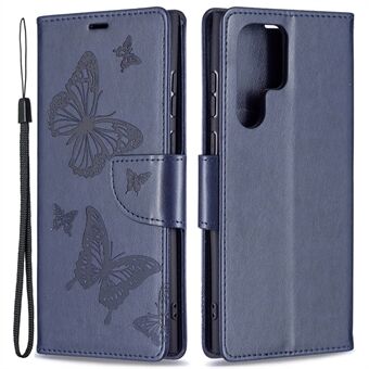 PU Leather Flip Folio Cover Butterfly Imprinted Wallet Stand Shockproof Protective Cover with Strap for Samsung Galaxy S22 Ultra 5G