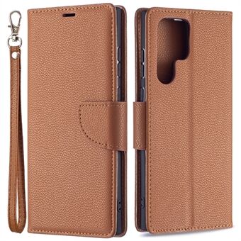 Litchi Texture Solid Color PU Leather Wallet Stand Case Protective Phone Shell with Wrist Strap for Samsung Galaxy S22 Ultra 5G