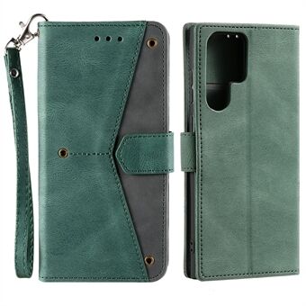 For Samsung Galaxy S22 Ultra 5G Wrist Strap Cover Skin-touch Splicing PU Leather and TPU Protective Phone Case with Stand and Wallet