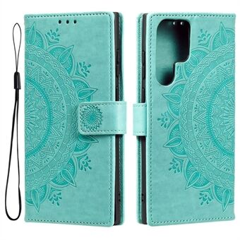 Magnetic Clasp Imprinting Mandala Flower Leather Shell Phone Wallet Stand Case with Strap for Samsung Galaxy S22 Ultra 5G