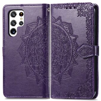 Stand Function Embossed Mandala Pattern Leather Flip Case Wallet Cover with Strap for Samsung Galaxy S22 Ultra 5G