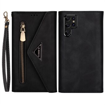 Skin Feeling Leather Zipper Wallet Design Full Protection Phone Case Cover with Stand and Strap for Samsung Galaxy S22 Ultra 5G